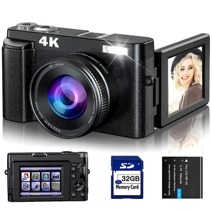 4K Digital Camera for Photography and Video – Autofocus, 48MP Vlogging Camera with Anti-Shake, 3'' 180° Flip Screen, and SD Card