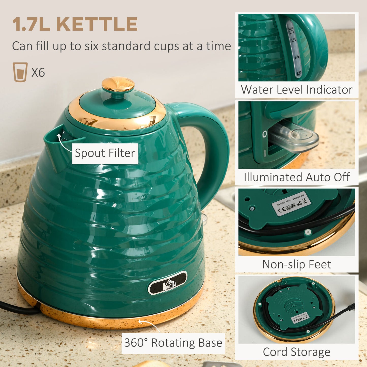 HOMCOM Kettle and Toaster Set 1.7L Rapid Boil Kettle & 4 Slice Toaster - Green