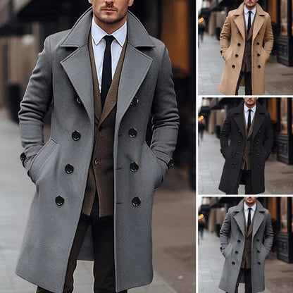 Men's Solid Color Long Woolen Coat - Lapel, Long Sleeve, Double-Breasted Windbreaker with Pockets, Mid-Length Outwear