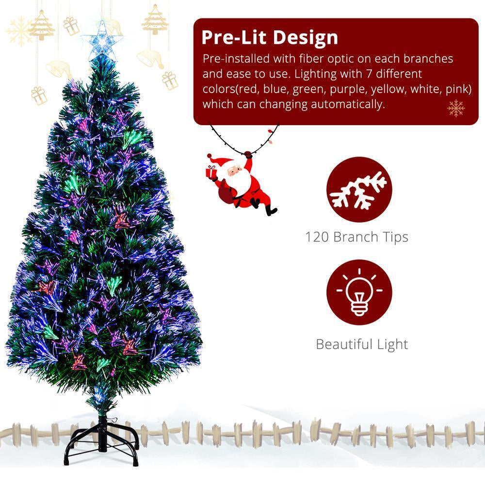 3/4Ft Christmas Trees Fibre Optic Pre-Lit Xmas Tree with Stand Top Star Decor