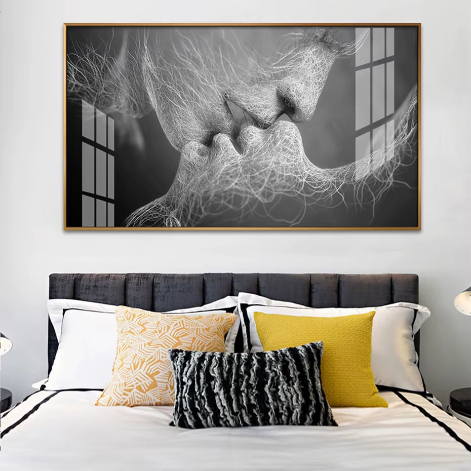 Kissing Couple Romantic Love Poster Abstract Canvas Painting - Black and White Wall Art Pictures Print for Bedroom Home Decoration