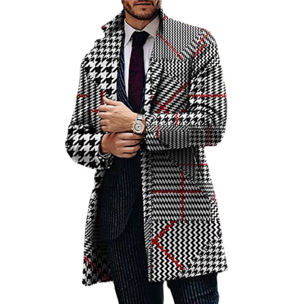 Formal Men's Geometric Pattern Plaid Lapel Trench Coat | Stylish Business Jacket for Fall & Winter