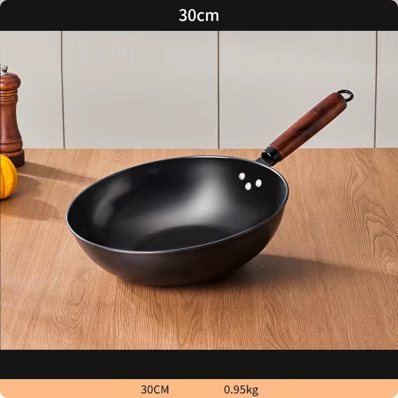 30CM Iron Frying Pan with Wooden Handle – Non-Stick Kitchen Cookware for Stir-Frying and Cooking