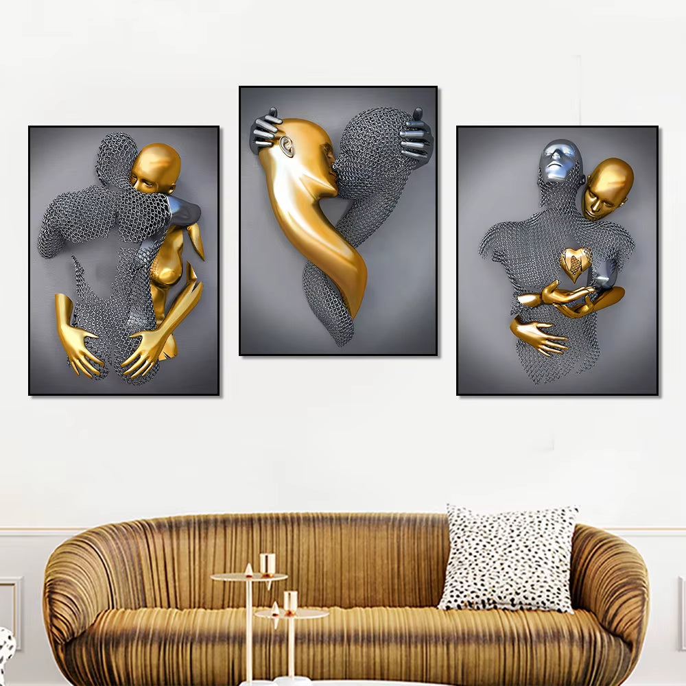 3Pcs Modern Romantic Metal Figure Statue Wall Poster Prints Picture Nordic Aesthetics Canvas Painting for Living Room Home Decor