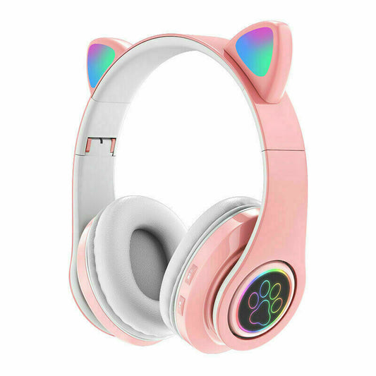 Wireless Cat Ear Headphones Bluetooth Headset Pink LED Lights Earphone for Kids