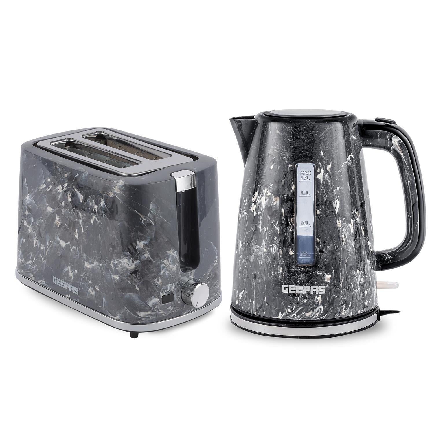 GEEPAS Fluted Collection 1.7L Kettle & 2 Slice Bread Toaster Combo Set, Black