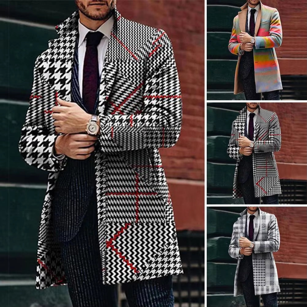 Formal Men's Geometric Pattern Plaid Lapel Trench Coat | Stylish Business Jacket for Fall & Winter