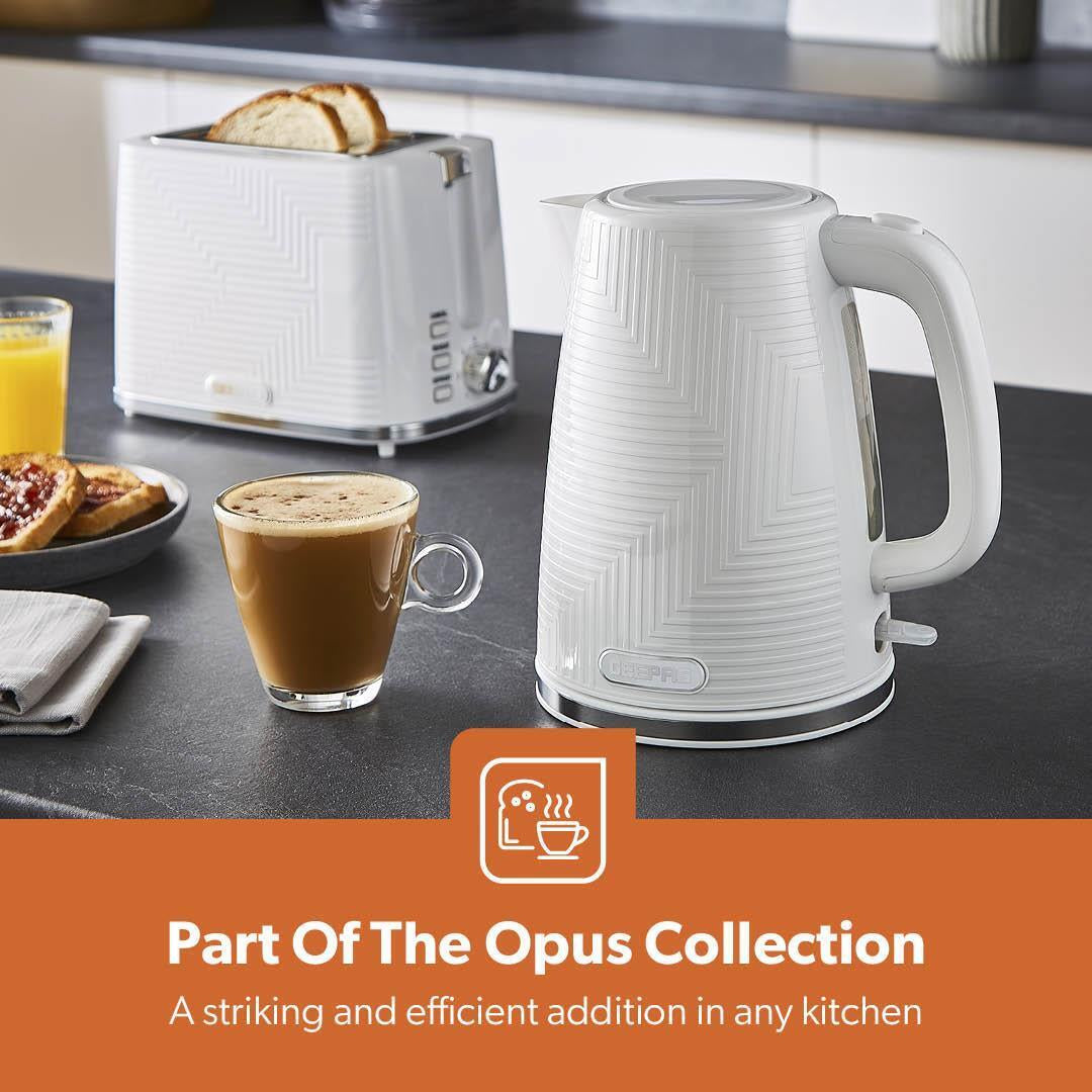 GEEPAS Opus Collection 1.7L Electric Kettle & 2 Slice Bread Toaster Set, White