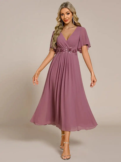 Mint Green Formal Evening Dress – Deep V-Neck Applique Ruffle Tea-Length Gown with Short Sleeves (Wedding Guest Dress, Corporate Event, Office Dress-Up)