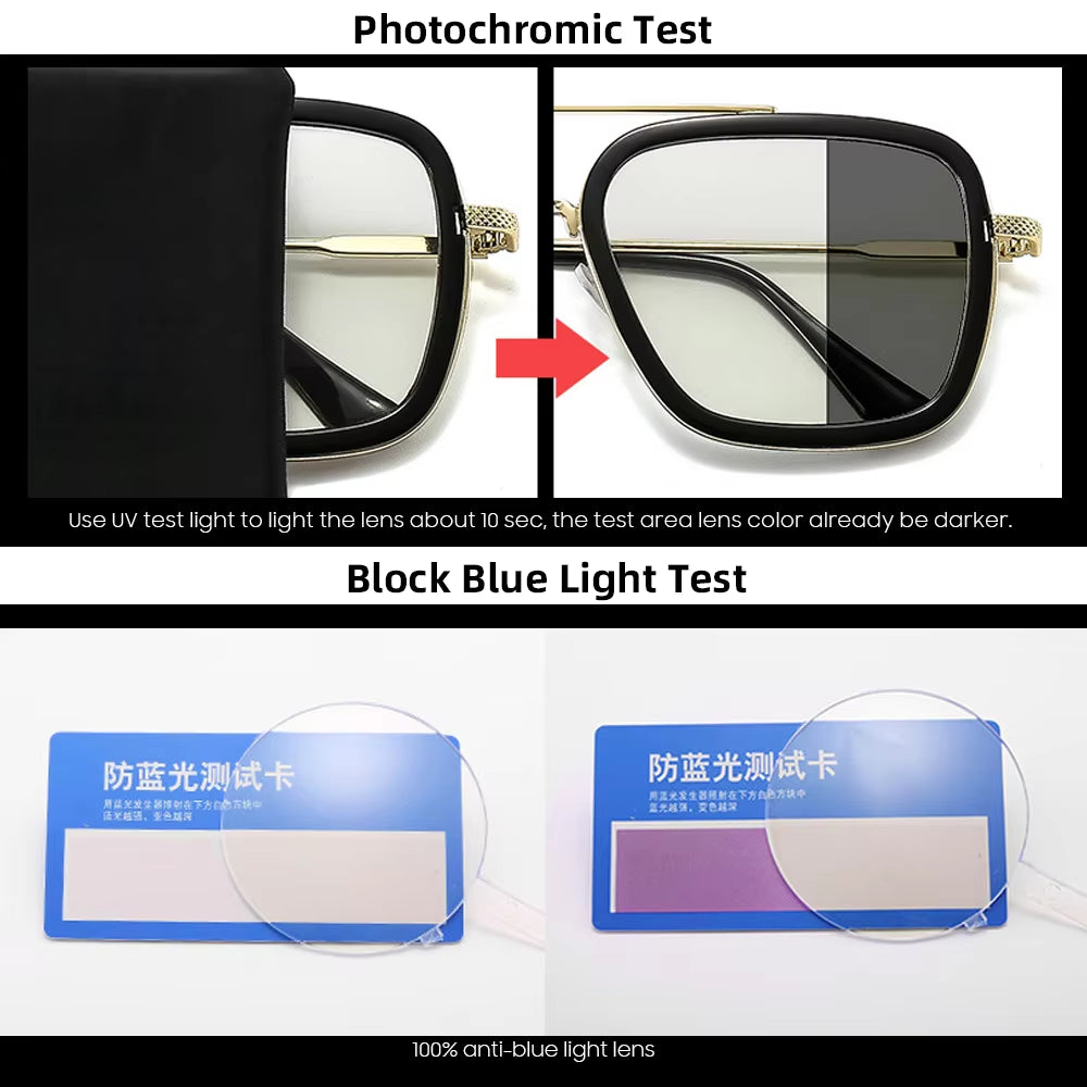 Square Photochromic Glasses Men Anti Blue Light Blocking Eyeglasses