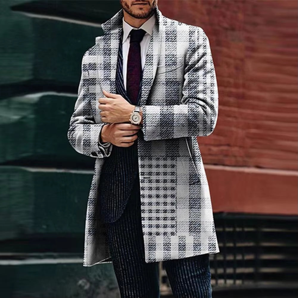 Formal Men's Geometric Pattern Plaid Lapel Trench Coat | Stylish Business Jacket for Fall & Winter