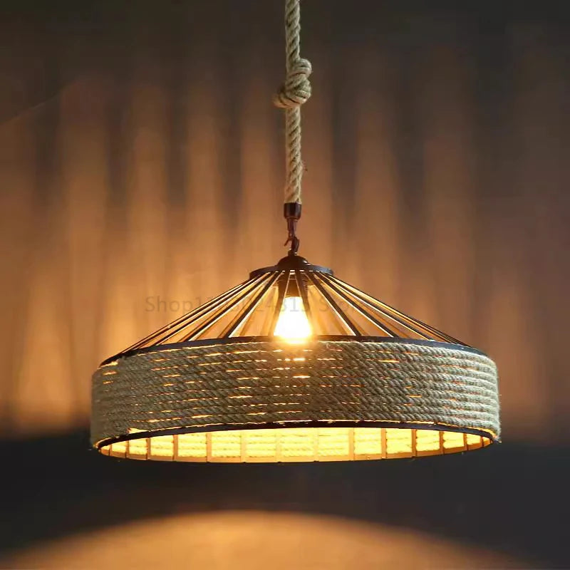 Classical Hemp Rope Pendant Hanging Lamp Lustre for Ceiling Chandelier Classic Retro Antique Industrial Iron Dining Room Light