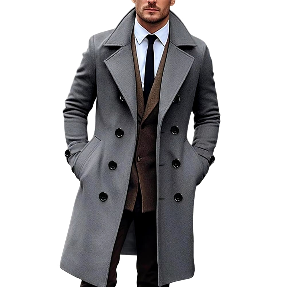 Men's Solid Color Long Woolen Coat - Lapel, Long Sleeve, Double-Breasted Windbreaker with Pockets, Mid-Length Outwear