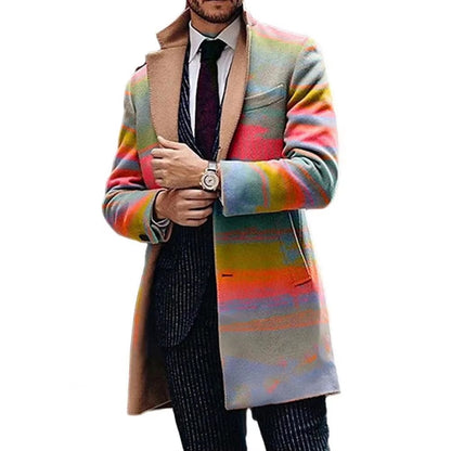 Formal Men's Geometric Pattern Plaid Lapel Trench Coat | Stylish Business Jacket for Fall & Winter