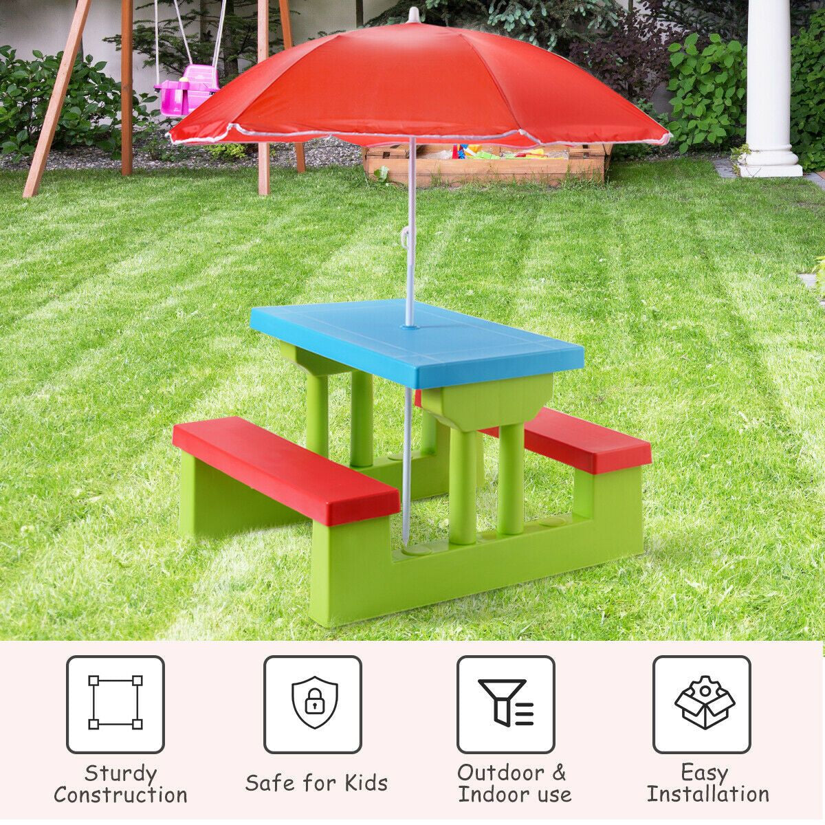 Kids Picnic Play Table Set with Removable Umbrella