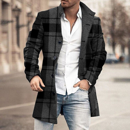 Men’s Long Sleeve Woolen Trench Coat – Warm Plaid Office Jacket for Winter Style