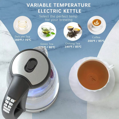 DEVISIB 2L Larger Capacity Electric Kettle Temperature Control 4 Hours Keep Warm 2200W LED Indicator Removable Filter Glass Body