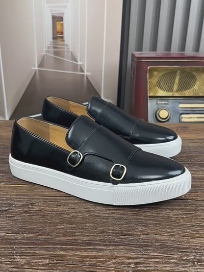 Men's Casual Leather Loafers – Retro British Style Slip-On Monk Strap Flats for Business & Daily Wear