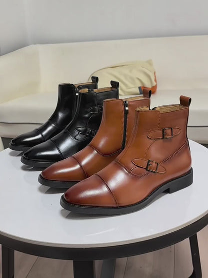 Men’s Classic Leather Ankle Boots – British Style Buckle & Zip High-Top Boots | Trendy Business Casual Footwear (EU 39–46)
