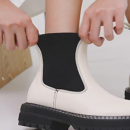 Women’s Chelsea Boots – Autumn Winter Genuine Leather Ankle Boots with Thick Sole, Plush Lining & Square Heel