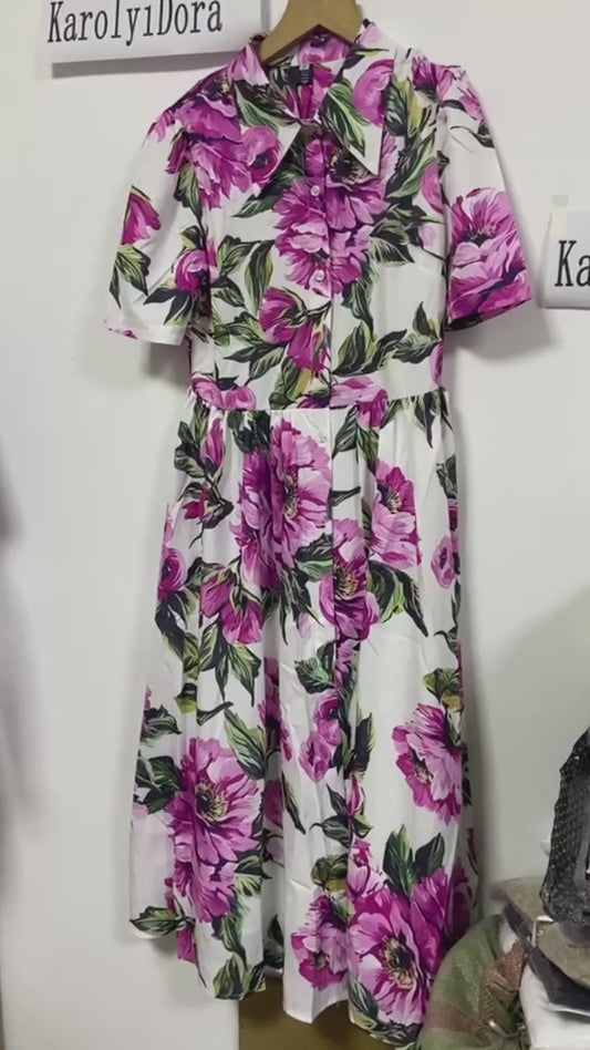Elegant Printed Slim Fit Lapel Dress – Women’s Short Sleeve Spring/Summer Fashion