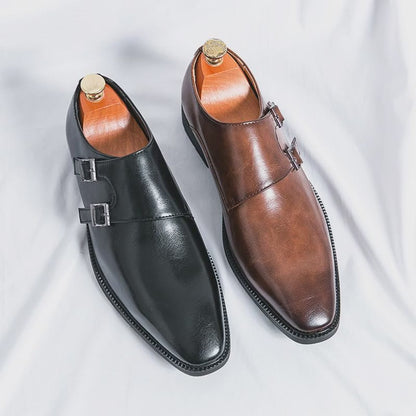 Men’s Retro Monk Strap Dress Shoes – Pointed Toe Leather Office, Business & Wedding Footwear