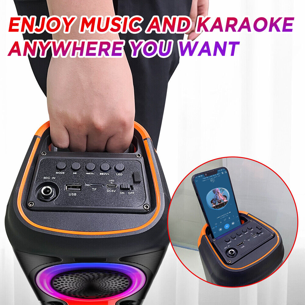 High Bass Portable Bluetooth Speaker with RGB Lights, Dual Speakers, and Karaoke Mode