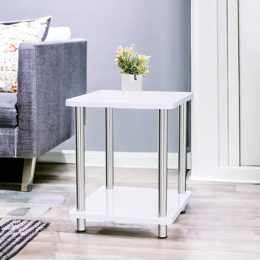 Small 2-Tier White Gloss Side Table with Shelf - Perfect for Bedroom, Coffee, or End Table