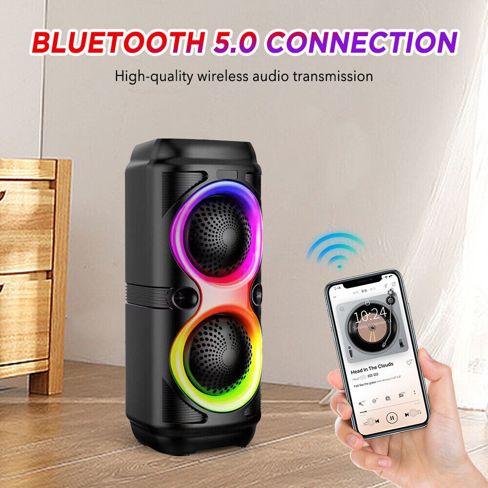 High Bass Portable Bluetooth Speaker with RGB Lights, Dual Speakers, and Karaoke Mode