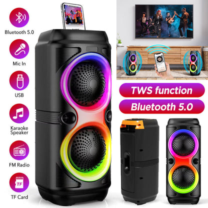 High Bass Portable Bluetooth Speaker with RGB Lights, Dual Speakers, and Karaoke Mode