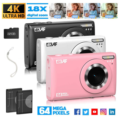 Kids Autofocus Digital Camera, UHD 4K Vlogging Camera with 32GB Card, 18X Zoom - Perfect for Budding Photographers!