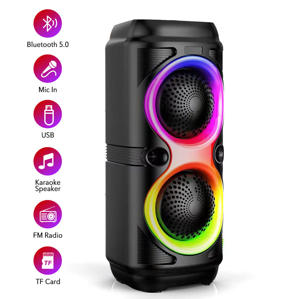 High Bass Portable Bluetooth Speaker with RGB Lights, Dual Speakers, and Karaoke Mode