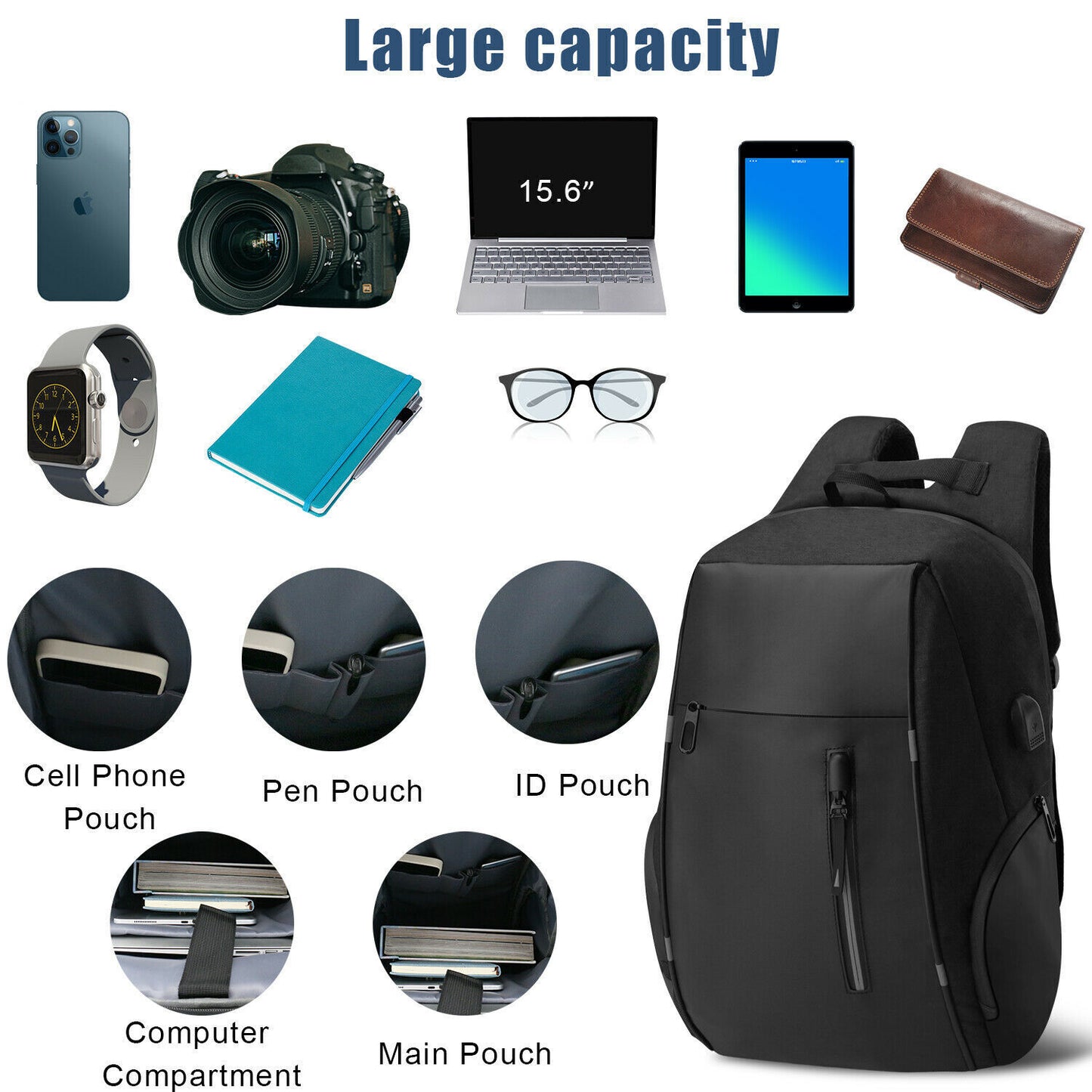 Unisex Laptop Backpack - Anti-Theft, USB Port, Waterproof Travel & Business Bag