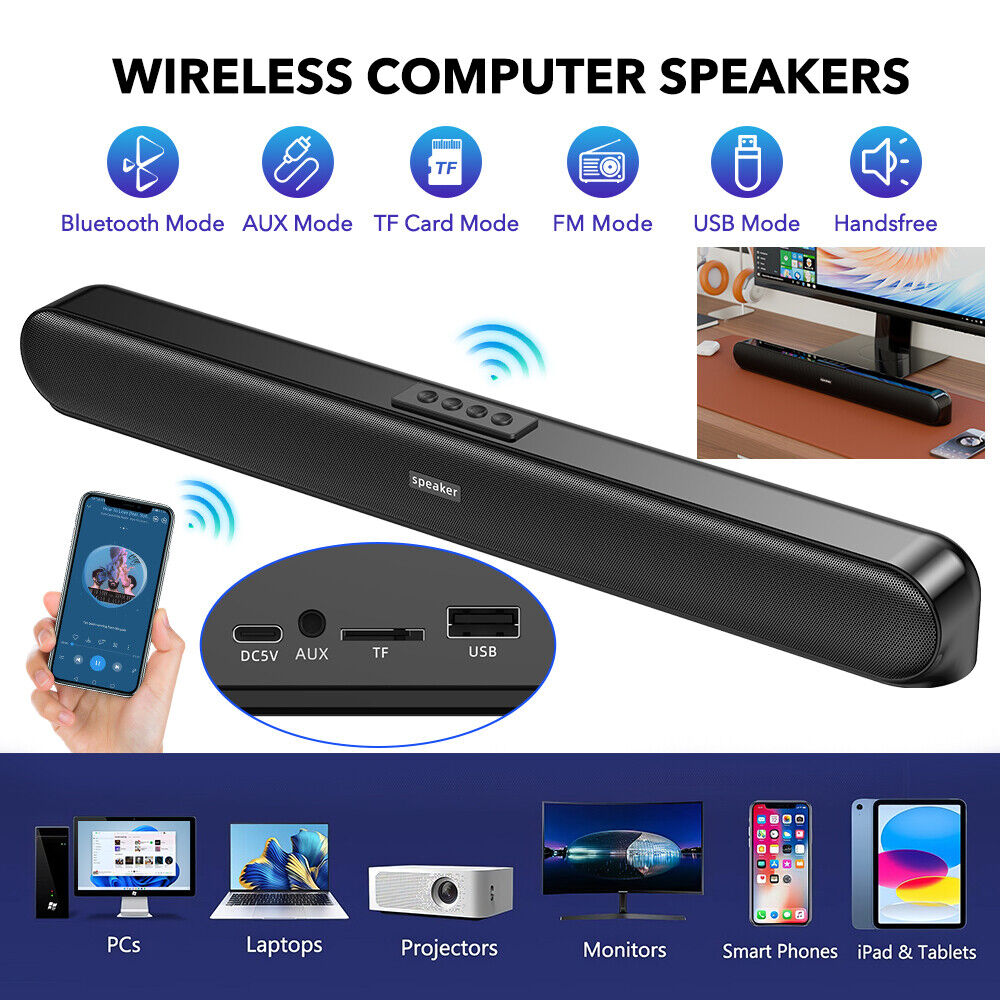 Wireless Bluetooth Speakers - Stereo Bass Sound Bar for Laptops and Computers