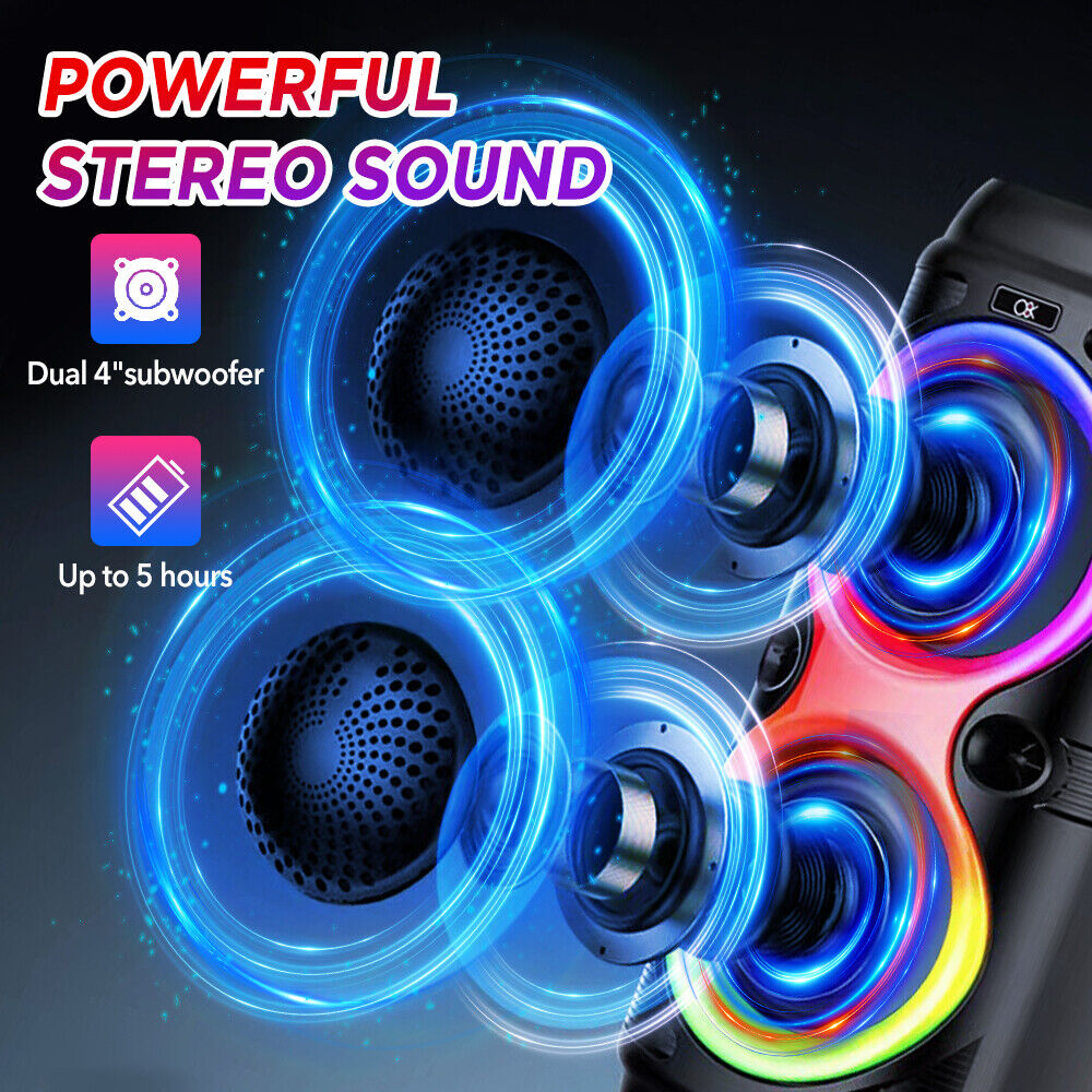 High Bass Portable Bluetooth Speaker with RGB Lights, Dual Speakers, and Karaoke Mode