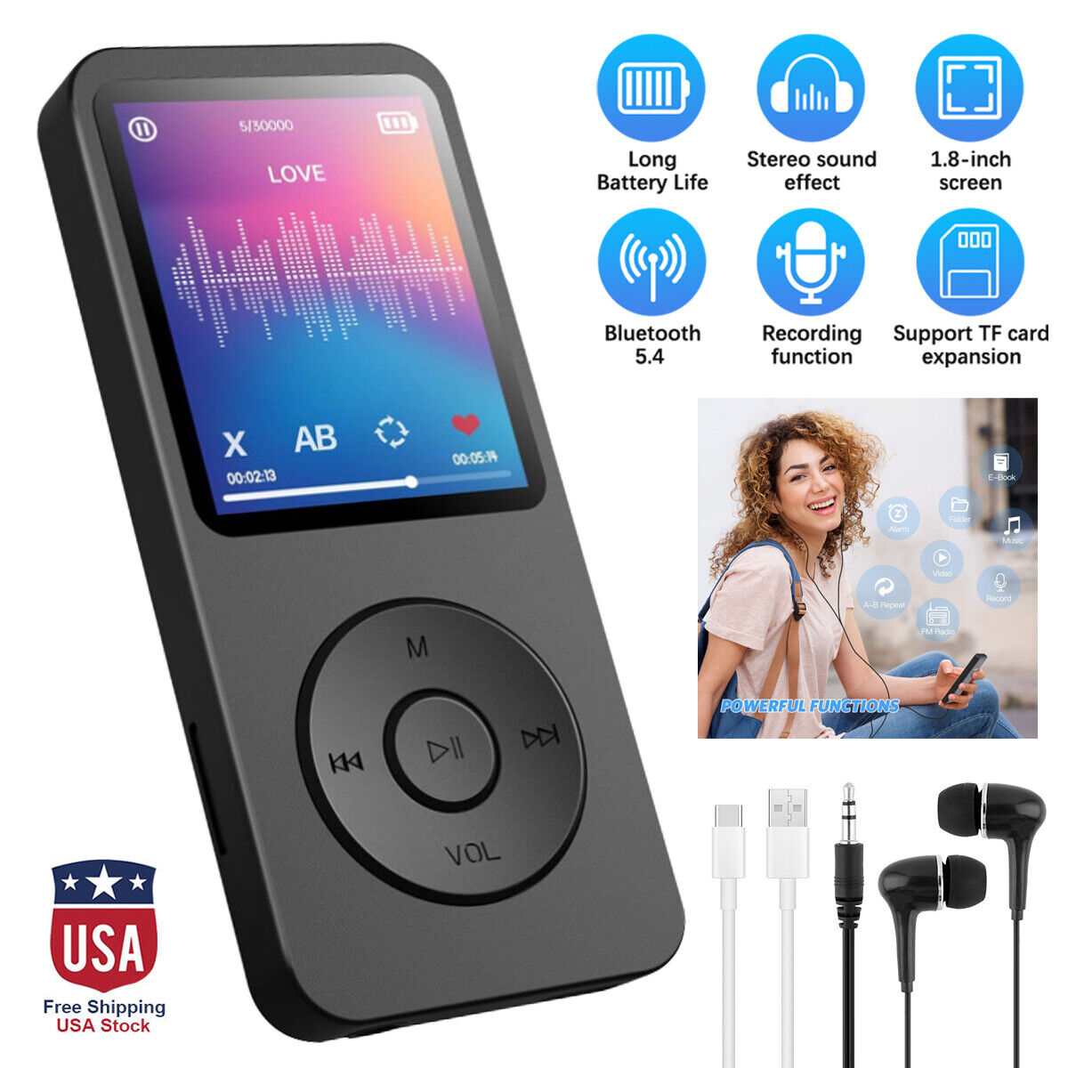 Portable Bluetooth MP4/MP3 Lossless Hi-Fi Music Player with FM Radio and Recorder