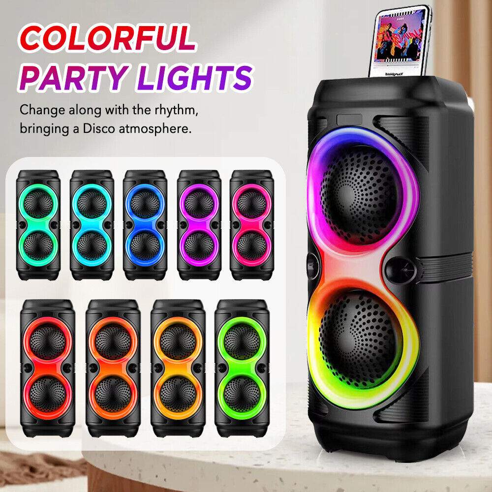 High Bass Portable Bluetooth Speaker with RGB Lights, Dual Speakers, and Karaoke Mode