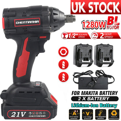 1000Nm 1/2" Cordless Electric Impact Wrench Drill Gun Ratchet Driver W/2 Battery