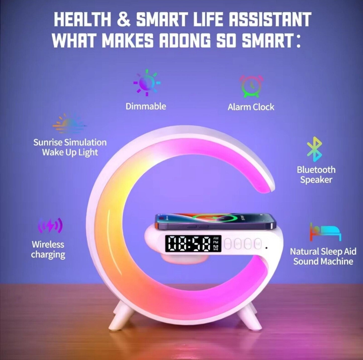 Multifunctional Lamp Desk Alarm Clock with Smart Bluetooth Speaker & Wireless Charger