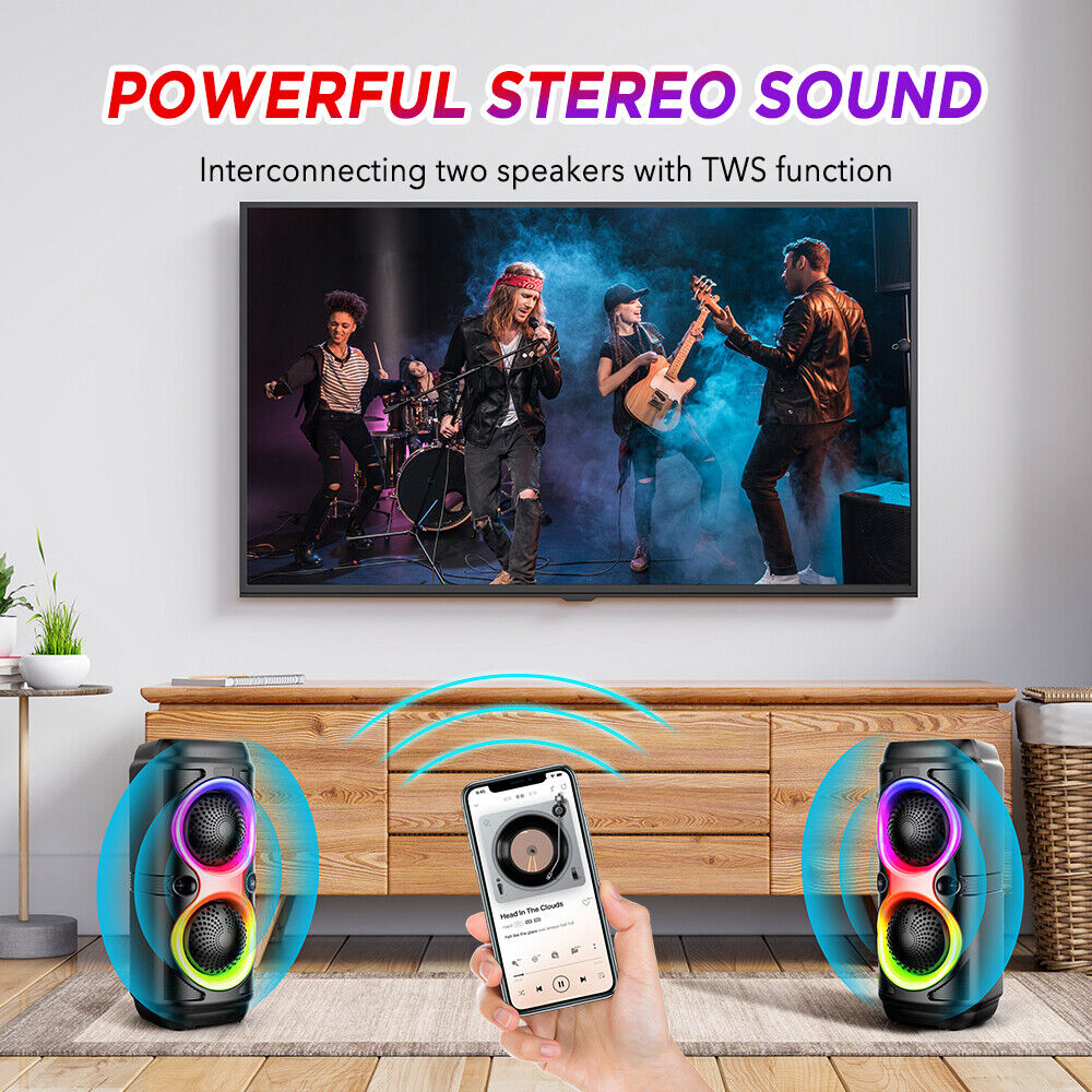 High Bass Portable Bluetooth Speaker with RGB Lights, Dual Speakers, and Karaoke Mode