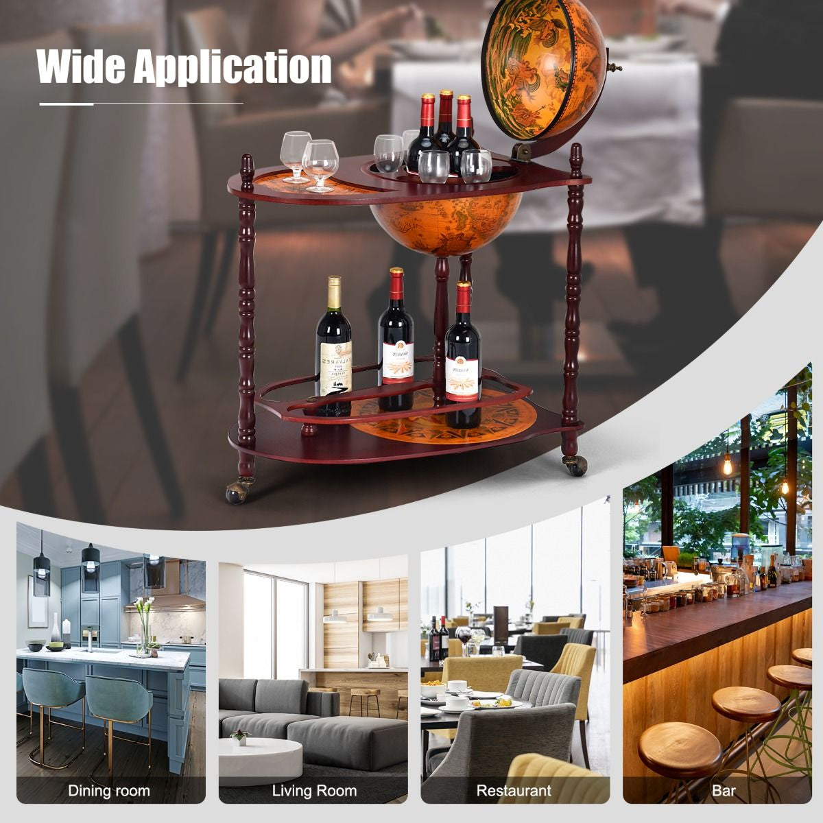 Wood Globe Wine Bar Stand with Retro Wood Liquor Bottle Shelf