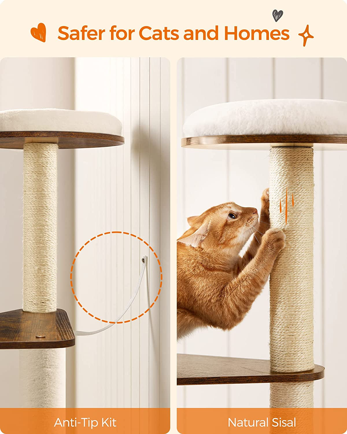 Cat Bliss Elevated: Woodywonders 65-Inch Modern Cat Tower - Stylish, Multi-Level Playground with Scratching Posts, Cozy Perch, and Washable Cushions for Indoor Cats - Rustic Brown Elegance UPCT166X01