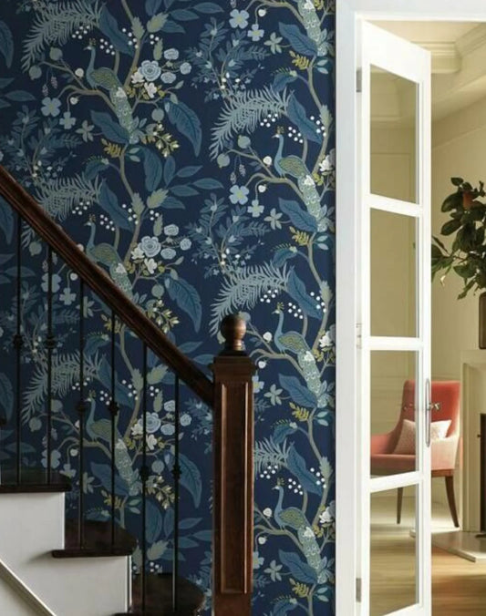Instant Charm: Peel and Stick Wall Sticker - Tropical Peacock Wallpaper in Navy