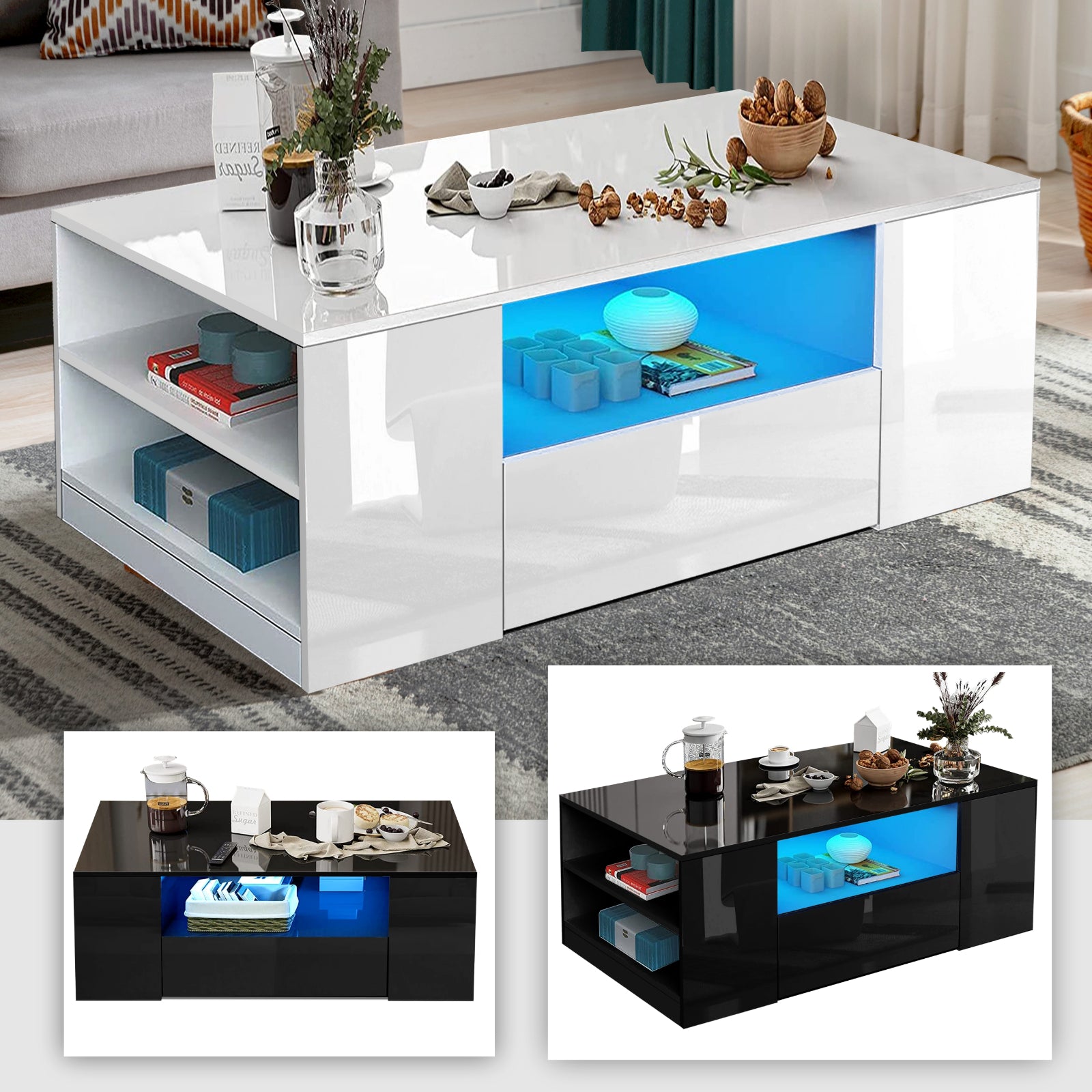 Wooden LED Coffee Table with Storage 2 Drawers Living Room Furniture High Gloss