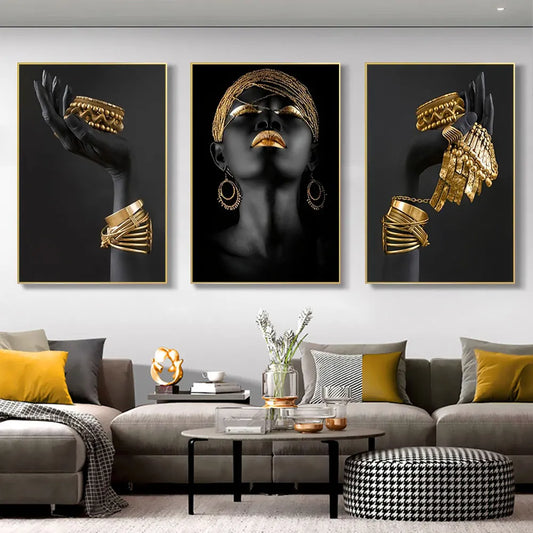 3-Piece African Black Women with Gold Jewelry Wall Art: Canvas Prints Perfect for Home Living Room Decor & Wall Art Pictures