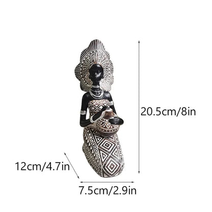 Resin Painted Black Statue Decor Figurines Retro African Women Holding Pottery Pots Home Bedroom Desktop Collection Items