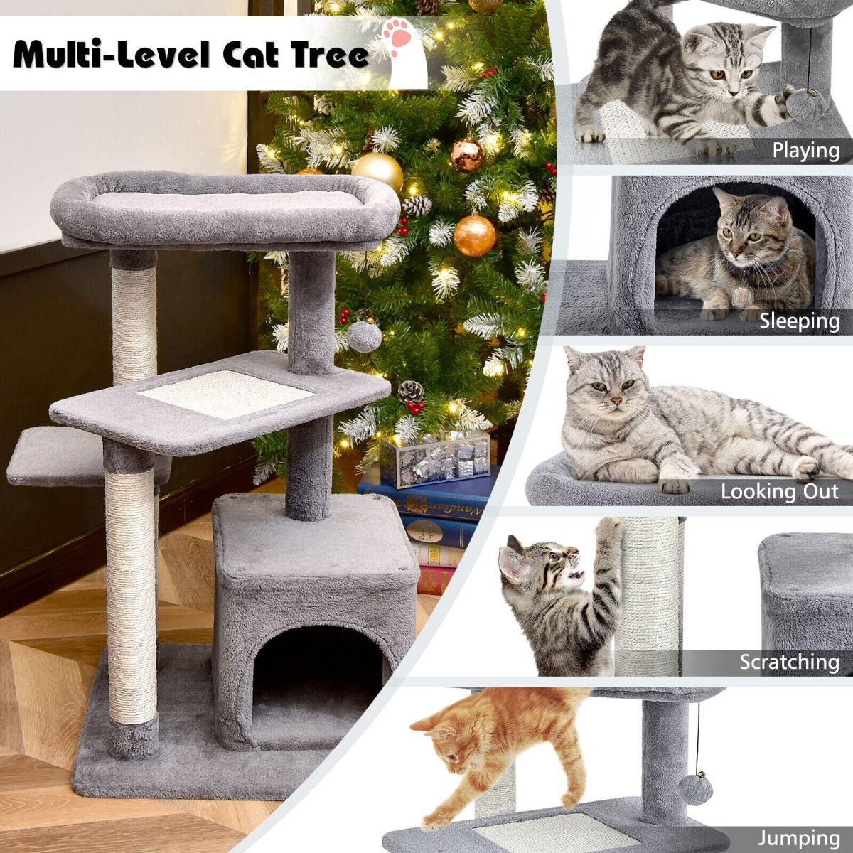 Whisker Wonderland: 4-Layer Cat Tree with Scratching Posts, Cat Condo, and Dangling Ball