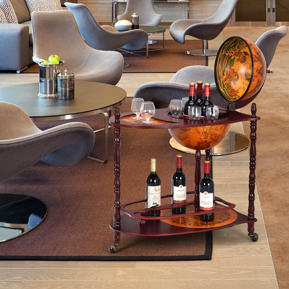 Wood Globe Wine Bar Stand with Retro Wood Liquor Bottle Shelf