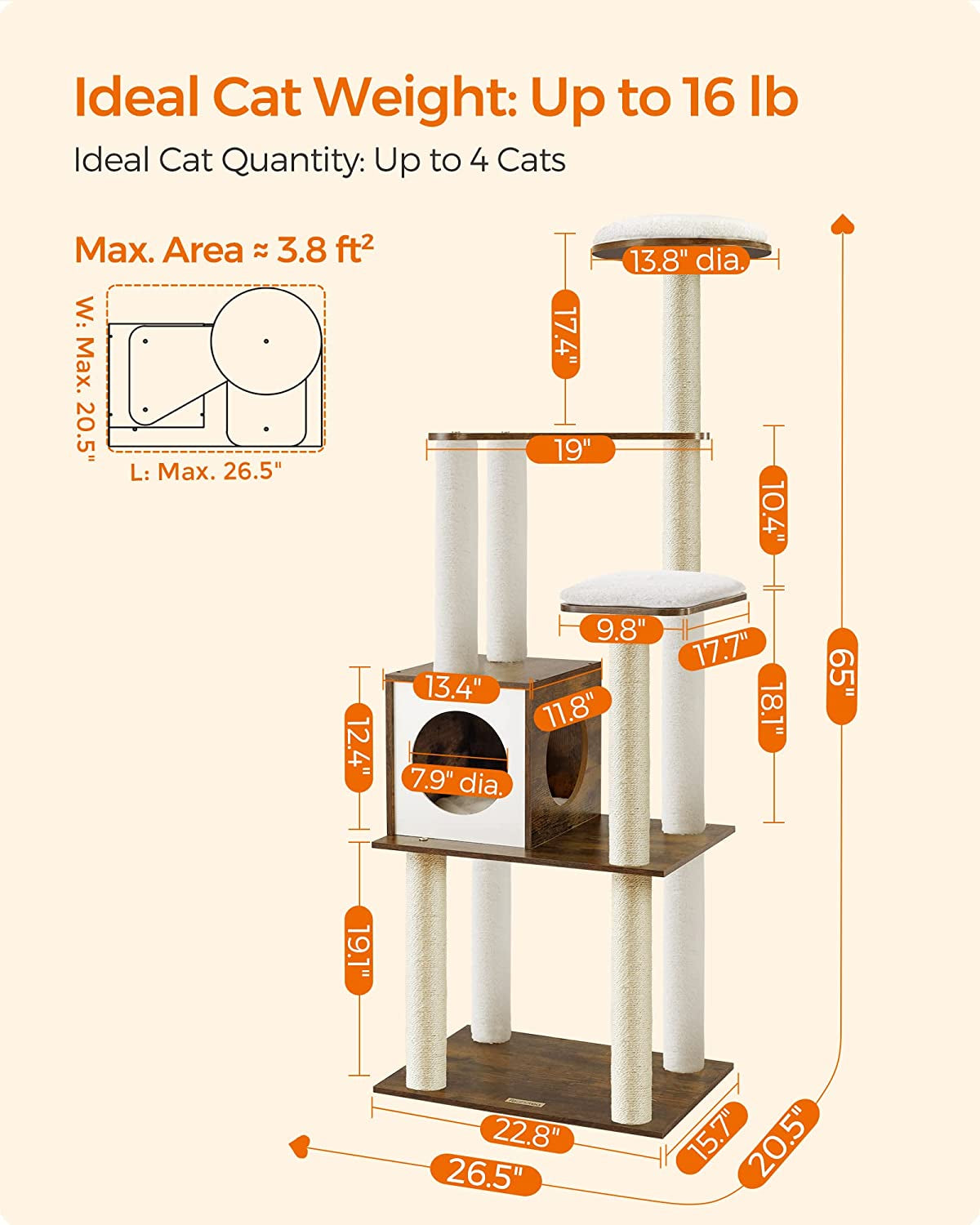 Cat Bliss Elevated: Woodywonders 65-Inch Modern Cat Tower - Stylish, Multi-Level Playground with Scratching Posts, Cozy Perch, and Washable Cushions for Indoor Cats - Rustic Brown Elegance UPCT166X01