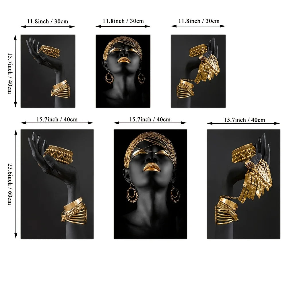 3-Piece African Black Women with Gold Jewelry Wall Art: Canvas Prints Perfect for Home Living Room Decor & Wall Art Pictures
